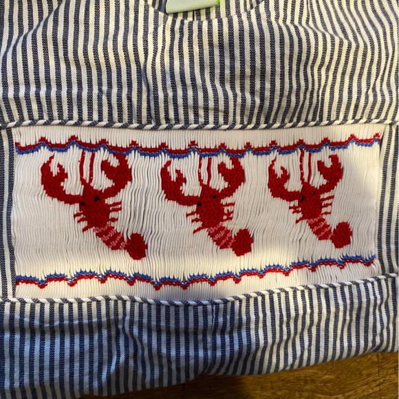 Baby boy 12 month shorts romper. Cute crab print. Blue and white striped. - Picture 5 of 5